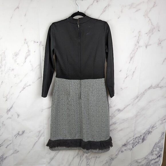 Vintage 70s Black Tweed Fringe Mock Neck Dress Long Sleeve ILGWU Mod Size Medium - Picture 2 of 9